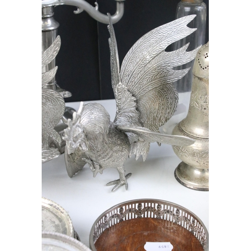 251 - Quantity of mixed metal ware and silver plated items to include decorative cockerel ornaments, two g... 