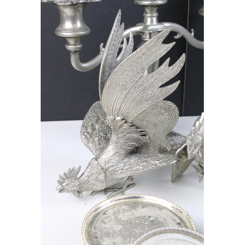 251 - Quantity of mixed metal ware and silver plated items to include decorative cockerel ornaments, two g... 