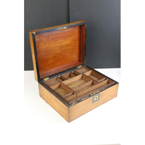 263 - Inlaid wood stationary box with lift up partitioned tray together with small wooden lined box with l... 