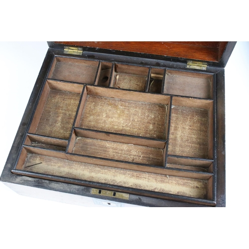 263 - Inlaid wood stationary box with lift up partitioned tray together with small wooden lined box with l... 