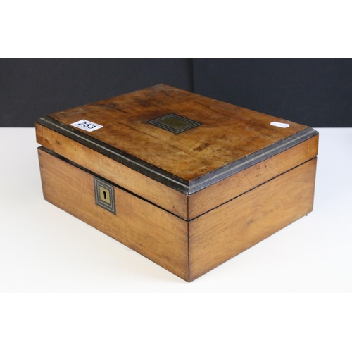 263 - Inlaid wood stationary box with lift up partitioned tray together with small wooden lined box with l... 