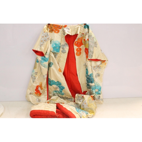 264 - 20th century red lined silk kimono with all over crane bird and floral metallic thread embroidery an... 