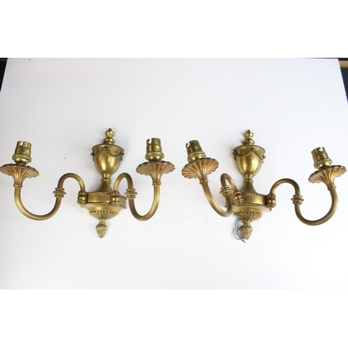 266 - Pair of urn topped wall sconce light fittings with double branches together with a pair of gilt meta... 