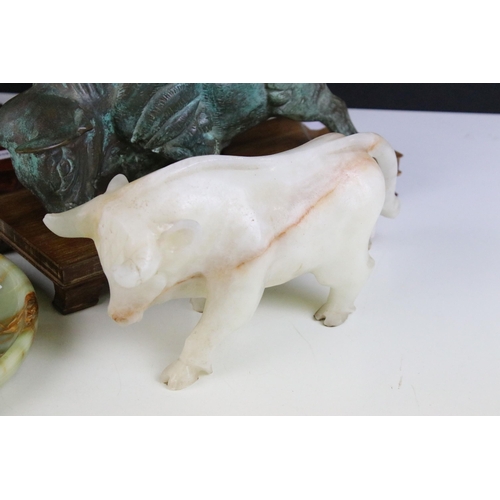 268 - Carved Onyx model of a bull, vase H 20cm and lipped edge dish, diameter 20cm together with cast meta... 