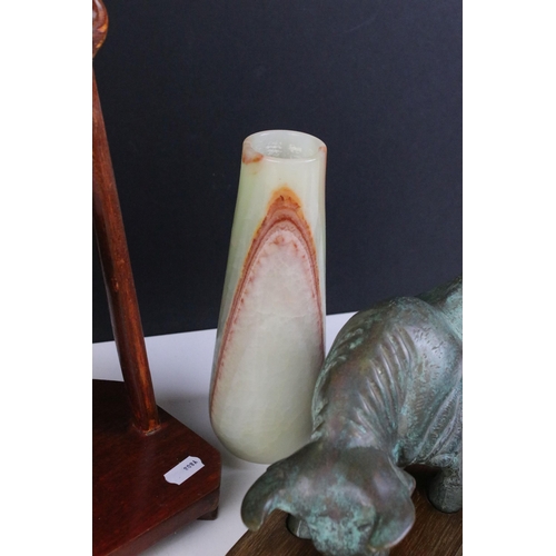 268 - Carved Onyx model of a bull, vase H 20cm and lipped edge dish, diameter 20cm together with cast meta... 