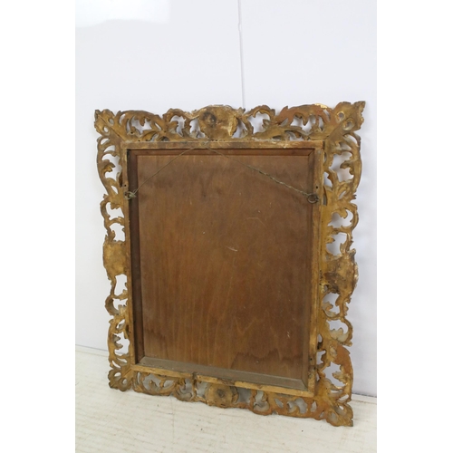 466 - Late 19th century giltwood mirror, the pierced border moulded with foliage and shells, with bevelled... 