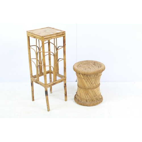 467 - Retro bamboo and wicker square jardiniere or plant stand, 68cm high x 24cm wide together with a wick... 