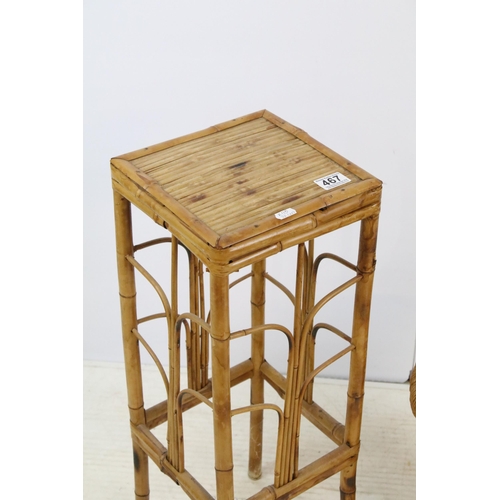 467 - Retro bamboo and wicker square jardiniere or plant stand, 68cm high x 24cm wide together with a wick... 