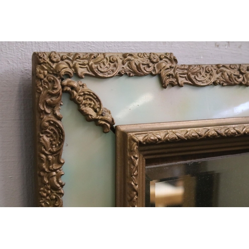 469 - 20th Century wall mirror of rectangular form with a bevelled glass panel to centre with green glass ... 