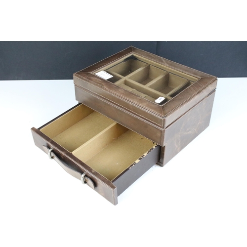 130A - A contemporary wristwatch collectors storage box with lower drawer and glass lid.