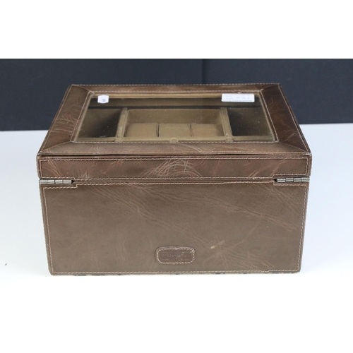 130A - A contemporary wristwatch collectors storage box with lower drawer and glass lid.