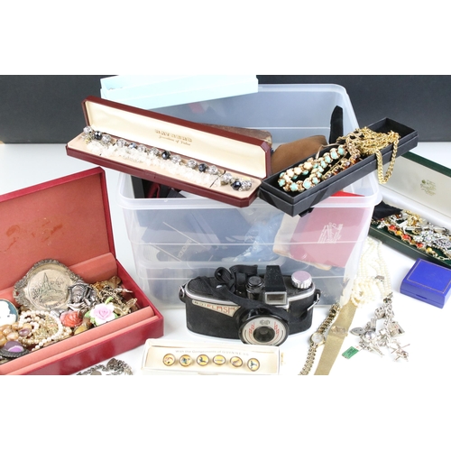 149A - Large collection of costume jewellery to include two silver charm bracelets, set of Guinness buttons... 