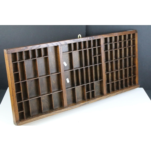 468 - 20th century letterpress printers drawer tray with hanging hooks, H 36.5, W 82cm