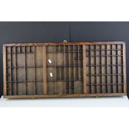 468 - 20th century letterpress printers drawer tray with hanging hooks, H 36.5, W 82cm