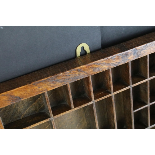 468 - 20th century letterpress printers drawer tray with hanging hooks, H 36.5, W 82cm