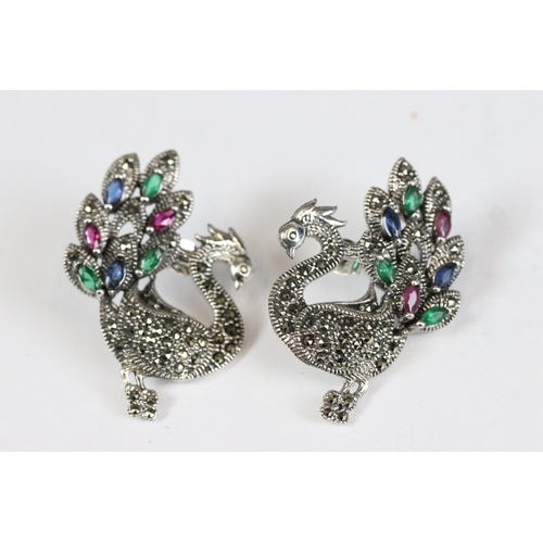 240 - Pair of silver peacock drop earrings set with rubies and emeralds