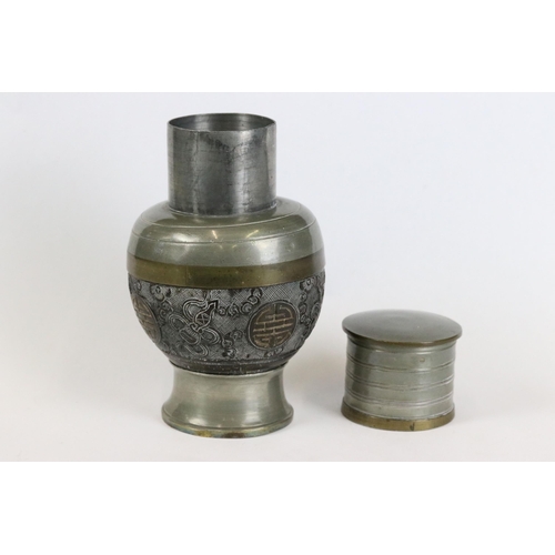 265 - A Chinese export carved wood and pewter tea caddy, character marks to base.