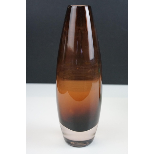 12 - Whitefriars green optic ribbed cased glass vase, no. 9587, 14cm high together with a brown cased gla... 