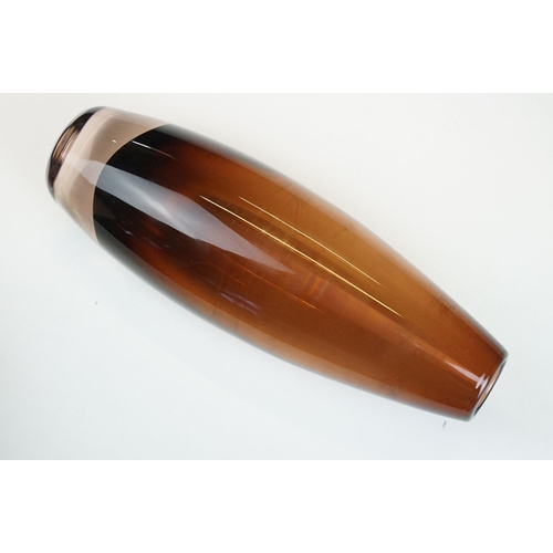 12 - Whitefriars green optic ribbed cased glass vase, no. 9587, 14cm high together with a brown cased gla... 