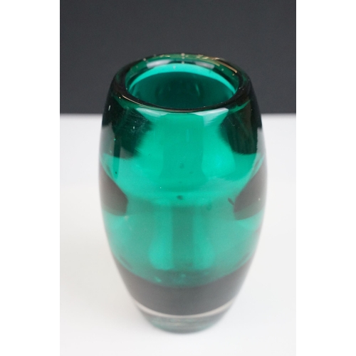 12 - Whitefriars green optic ribbed cased glass vase, no. 9587, 14cm high together with a brown cased gla... 