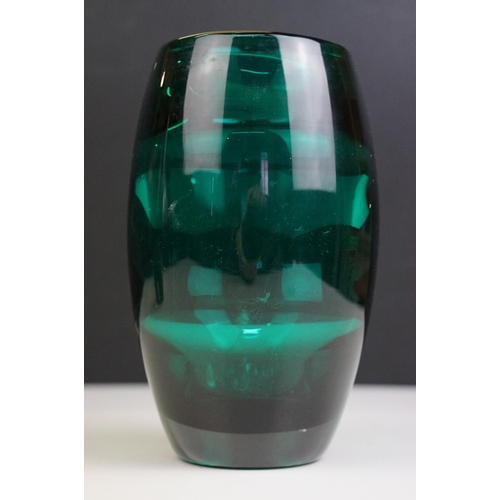 12 - Whitefriars green optic ribbed cased glass vase, no. 9587, 14cm high together with a brown cased gla... 