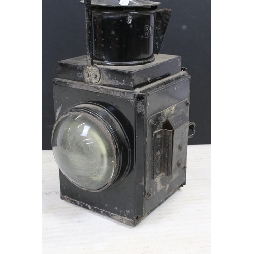 153 - British Railways guards double bullseye handled lamp lantern, with BR stamp to top, approx. H 34cm