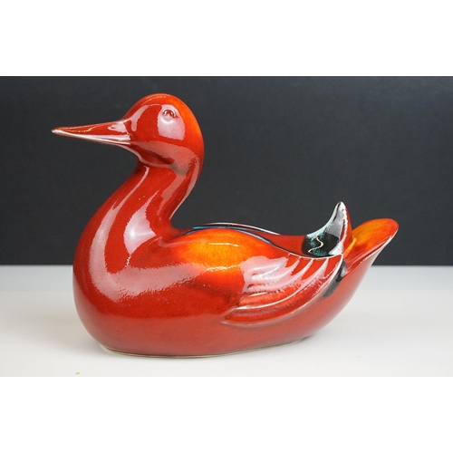 19 - Poole Pottery pair of two living glaze duck figurines and Odyssey purse vase, H 18cm