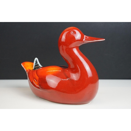 19 - Poole Pottery pair of two living glaze duck figurines and Odyssey purse vase, H 18cm