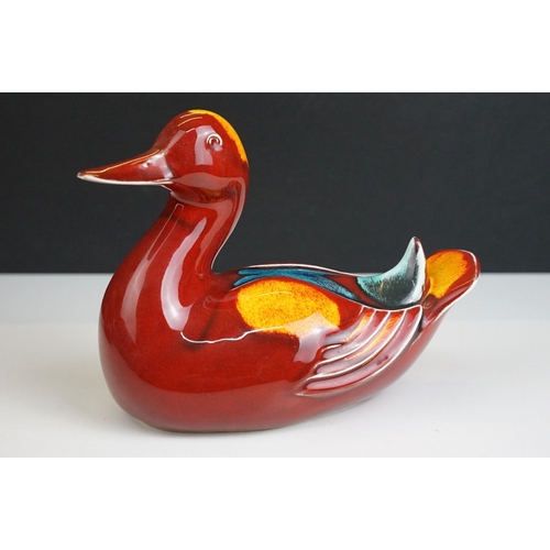 19 - Poole Pottery pair of two living glaze duck figurines and Odyssey purse vase, H 18cm