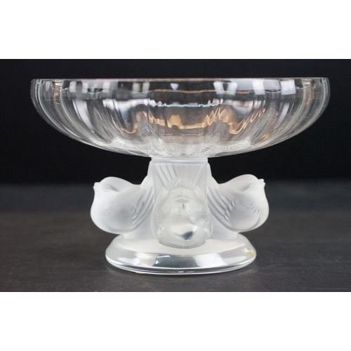 2 - Lalique clear crystal bowl atop a frosted crystal sparrow base. Lalique France etched backstamp, H 9... 