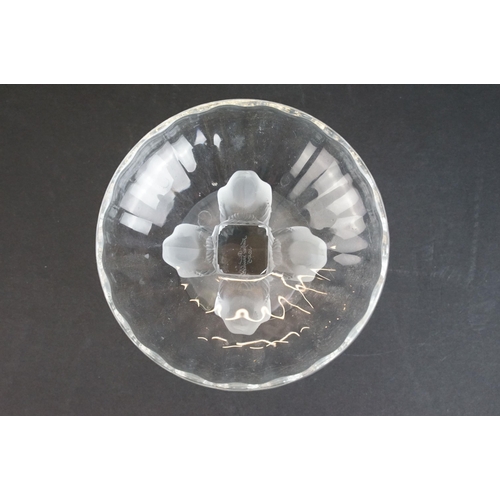 2 - Lalique clear crystal bowl atop a frosted crystal sparrow base. Lalique France etched backstamp, H 9... 