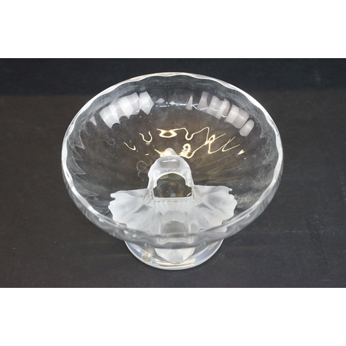 2 - Lalique clear crystal bowl atop a frosted crystal sparrow base. Lalique France etched backstamp, H 9... 