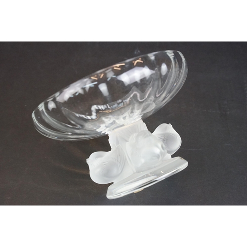 2 - Lalique clear crystal bowl atop a frosted crystal sparrow base. Lalique France etched backstamp, H 9... 