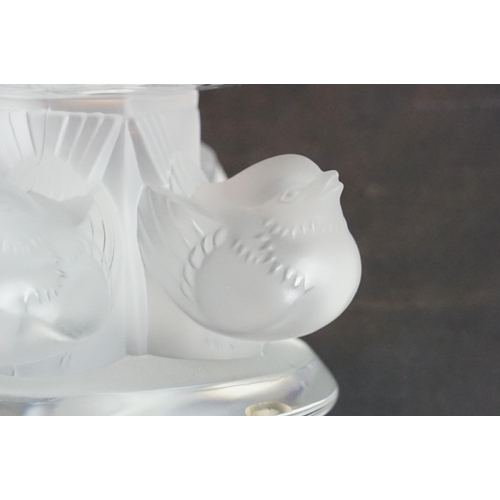 2 - Lalique clear crystal bowl atop a frosted crystal sparrow base. Lalique France etched backstamp, H 9... 