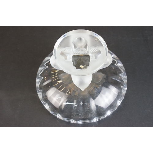 2 - Lalique clear crystal bowl atop a frosted crystal sparrow base. Lalique France etched backstamp, H 9... 