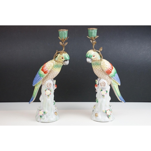 20 - Pair of ormolu and ceramic parrot candlesticks, H 25cm