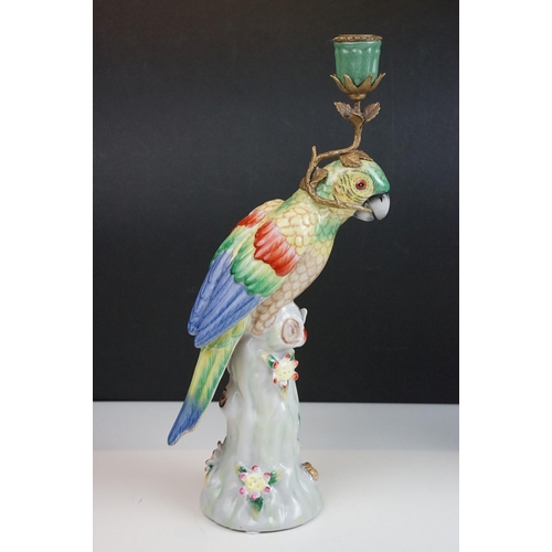 20 - Pair of ormolu and ceramic parrot candlesticks, H 25cm