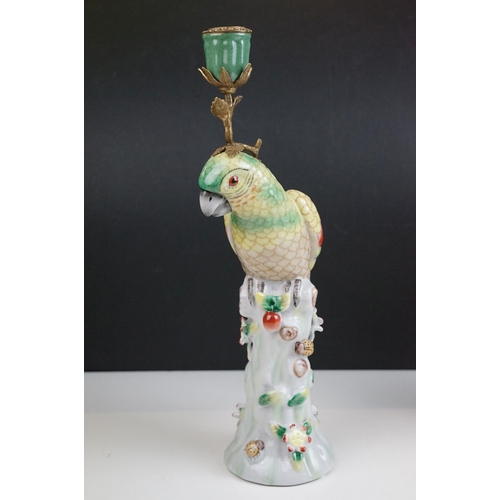 20 - Pair of ormolu and ceramic parrot candlesticks, H 25cm