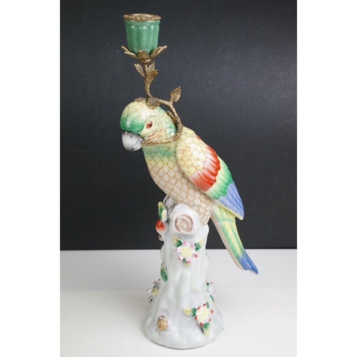 20 - Pair of ormolu and ceramic parrot candlesticks, H 25cm