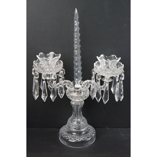 22 - Pair of Waterford crystal candelabras with centre spine and two scrolled arms with prism droplets