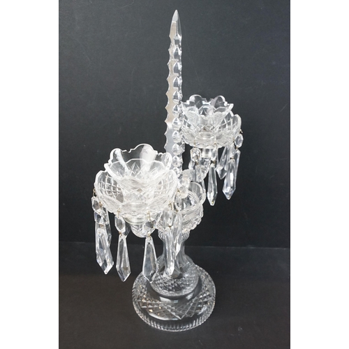 22 - Pair of Waterford crystal candelabras with centre spine and two scrolled arms with prism droplets