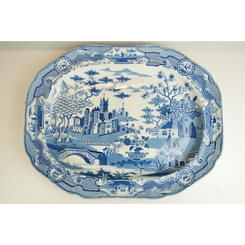 28 - 19th century octagonal blue and white meat platter with Gothic landscape and oriental gardens, W 51c... 