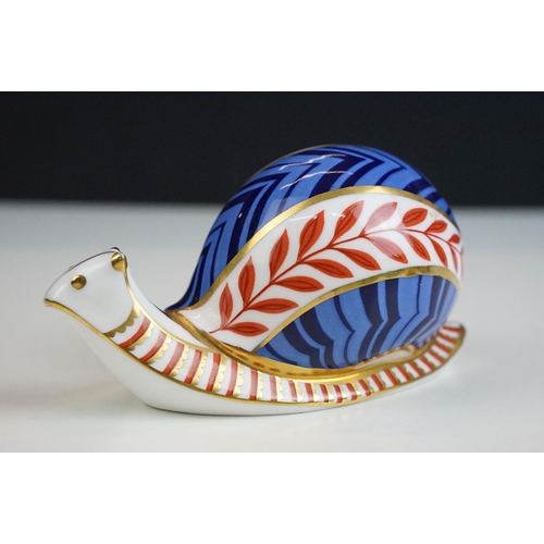 4 - Royal Crown Derby paperweights to include snail XLVIII with white stopper, Harbour seal limited edit... 