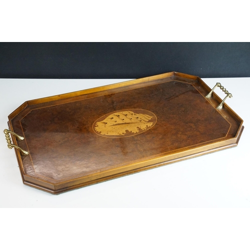 420 - Wooden tray with shell design inlay and brass handles together with a selection of wooden boxes to i... 