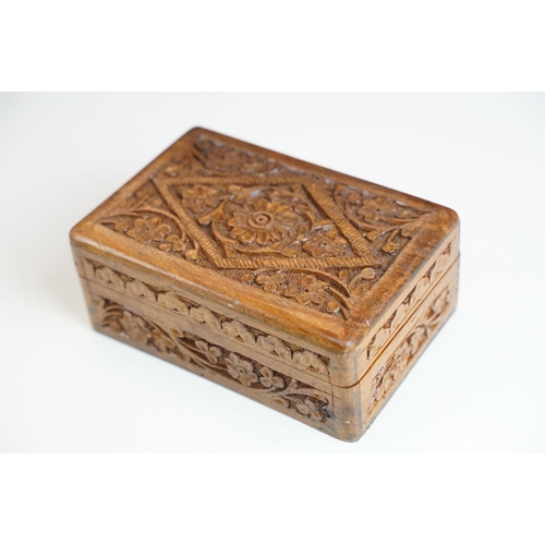 420 - Wooden tray with shell design inlay and brass handles together with a selection of wooden boxes to i... 