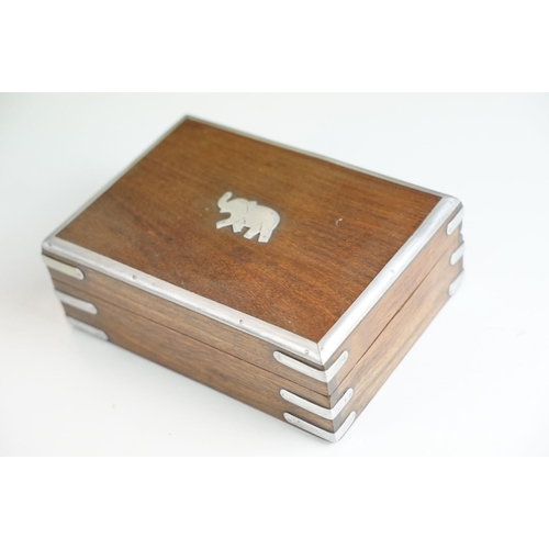 420 - Wooden tray with shell design inlay and brass handles together with a selection of wooden boxes to i... 