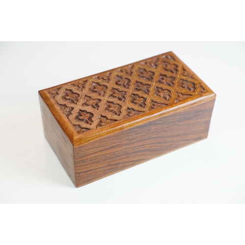 420 - Wooden tray with shell design inlay and brass handles together with a selection of wooden boxes to i... 