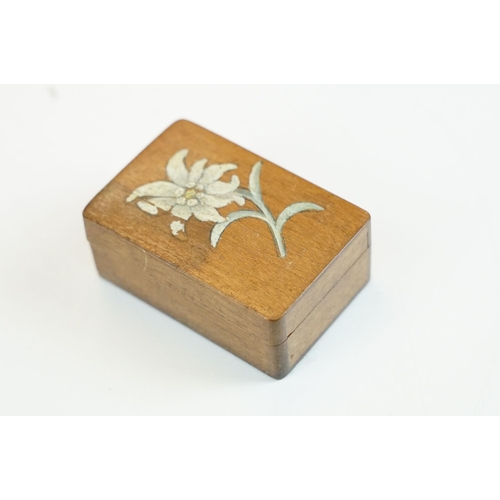 420 - Wooden tray with shell design inlay and brass handles together with a selection of wooden boxes to i... 