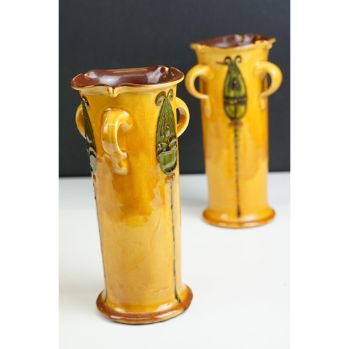 44 - Pair of studio pottery three handled glazed vases signed and marked Barum, N.Devon to base, H 19cm