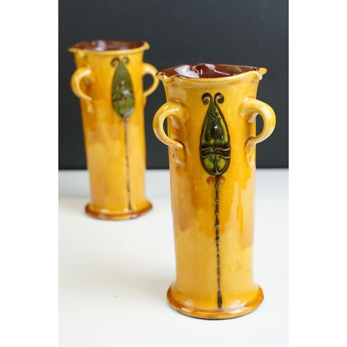 44 - Pair of studio pottery three handled glazed vases signed and marked Barum, N.Devon to base, H 19cm